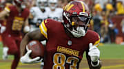 Sep 21, 2025; Landover, Maryland, USA; Washington Commanders wide receiver Jaylin Lane (83) Mandatory Credit: Geoff Burke-Imagn Images