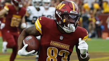 Sep 21, 2025; Landover, Maryland, USA; Washington Commanders wide receiver Jaylin Lane (83) Mandatory Credit: Geoff Burke-Imagn Images
