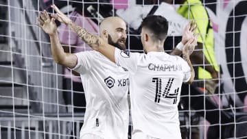 The Argentine Gonzalo Higuaín and the Canadian Jay Chapman celebrating an Inter Miami goal during the 2021 season.