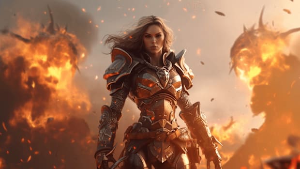 World of Warcraft warrior stands in an explosion ready for battle.