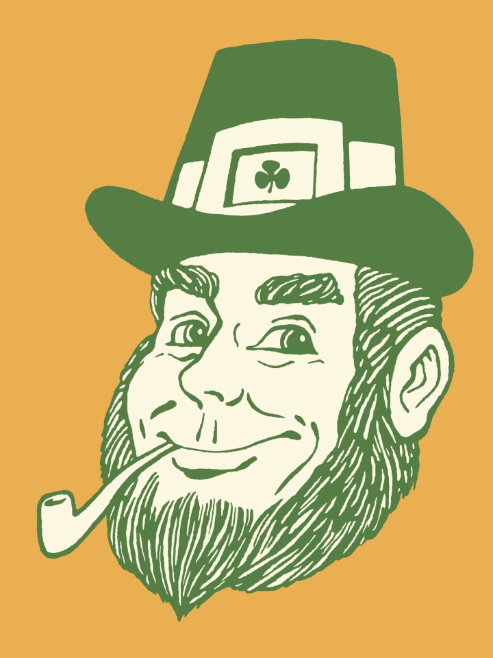 Drawing of a leprechaun's head on an orange background