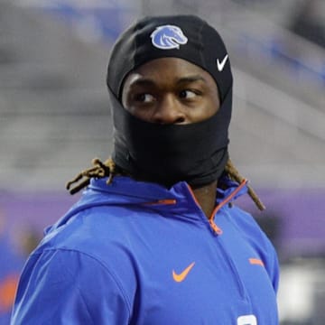 Dec 6, 2024; Boise, ID, USA; Boise State Broncos running back Ashton Jeanty (2) warms up before the game versus the UNLV Rebels  at Albertsons Stadium. Mandatory Credit: Brian Losness-Imagn Images

