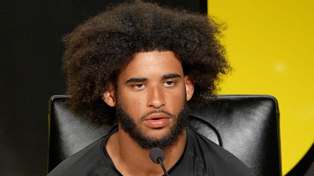 Oregon quarterback Dante Moore speaks during a media availability on April 7, 2026, in Eugene, Oregon.