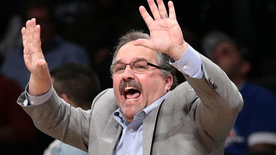 Detroit Pistons head coach Stan Van Gundy reacts during the fourth quarter against the Brooklyn Nets.