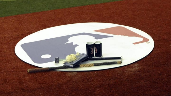 Apr 1, 2016; Montreal, Quebec, CAN; MLB logo on the on-deck circle during the game between the Boston Red Sox and the Toronto Blue Jays at Olympic Stadium. Mandatory Credit: Eric Bolte-USA TODAY Sports