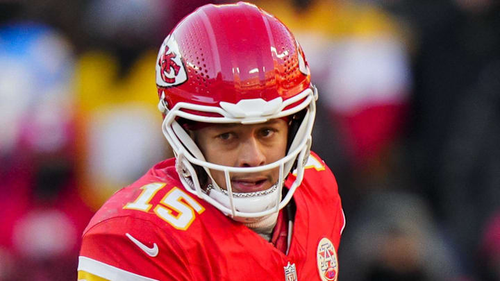 Dec 14, 2025; Kansas City, Missouri, USA; Kansas City Chiefs quarterback Patrick Mahomes (15) runs the ball during the second half against the Los Angeles Chargers at GEHA Field at Arrowhead Stadium. Mandatory Credit: Jay Biggerstaff-Imagn Images
