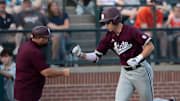 Mississippi State Bulldogs' Ace Reese (3) celebrates his home run as Auburn Tigers baseball takes on Mississippi State Bulldogs at Plainsman Park in Auburn, Ala., on Friday, April 25, 2025.