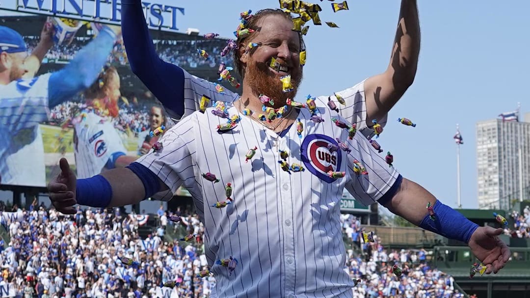 Aug 3, 2025; Chicago, Illinois, USA; Chicago Cubs pinch hitter Justin Turner (3) celebrates his two-run game winning home run with first baseman Michael Busch (29) against the Baltimore Orioles during the ninth inningat Wrigley Field. Mandatory Credit: David Banks-Imagn Images