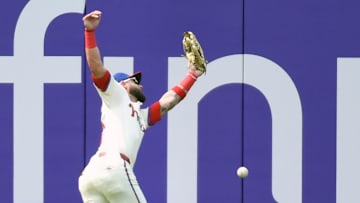 Jun 1, 2025; Philadelphia, Pennsylvania, USA; Philadelphia Phillies outfielder Weston Wilson (37) can't make catch in left field on double hit by Milwaukee Brewers third base Caleb Durbin (21) (not pictured) during the seventh inning at Citizens Bank Park.