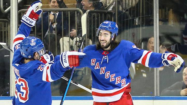 Feb 15, 2024; New York, New York, USA; New York Rangers center Mika Zibanejad (93) celebrates with defenseman Adam Fox (23) after scoring a goal in the second period against the Montreal Canadiens at Madison Square Garden. Mandatory Credit: Wendell Cruz-USA TODAY Sports Feb 15, 2024; New York, New York, USA; New York Rangers center Mika Zibanejad (93) celebrates with defenseman Adam Fox (23) after scoring a goal in the second period against the Montreal Canadiens at Madison Square Garden. Mandatory Credit: Wendell Cruz-USA TODAY Sports