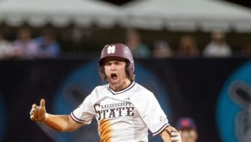 Mississippi State's David Mershon celebrates at second after hitting a double in the eighth inning against Ole Miss at Trustmark park in Pearl, Miss, Wednesday, May 1, 2024.