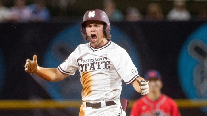 Mississippi State's David Mershon celebrates at second after hitting a double in the eighth inning against Ole Miss at Trustmark park in Pearl, Miss, Wednesday, May 1, 2024.