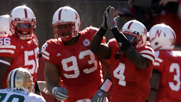 Nebraska Cornhuskers defenders Ndamukong Suh and Larry Asante celebrate scoring a safety against the Baylor Bears in the fourth quarter at Memorial Stadium. Nebraska won 32-20.