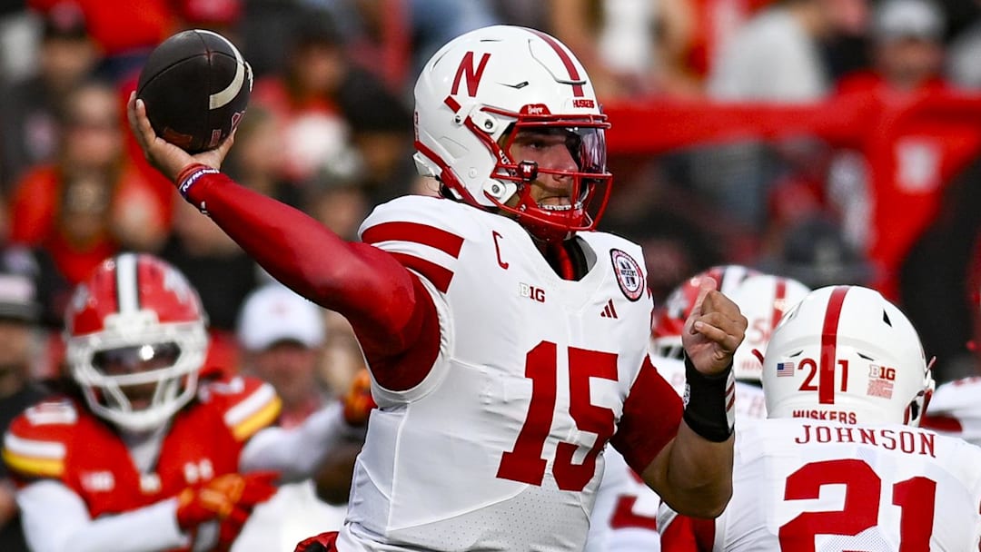 Nebraska Cornhuskers quarterback Dylan Raiola (15) throws from the pocket