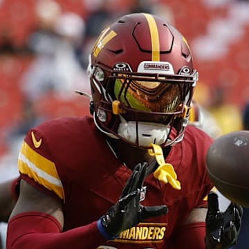 Nov 24, 2024; Landover, Maryland, USA; Washington Commanders safety Jeremy Reaves (39) participates in warmup prior to the game against the Dallas Cowboys at Northwest Stadium. Mandatory Credit: Geoff Burke-Imagn Images
