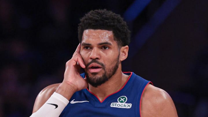 Detroit Pistons forward Tobias Harris (12) reacts after a basket against the New York Knicks during the first half at Madison Square Garden on Feb 19, 2026.