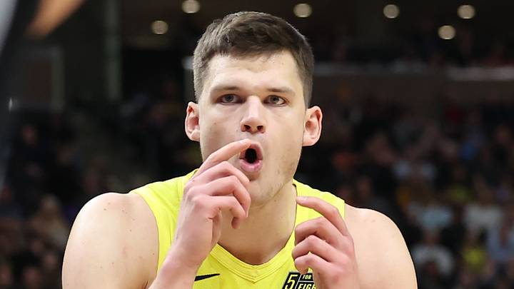 Utah Jazz center Walker Kessler (24) reacts to play with the San Antonio Spurs in the second half at Vivint Arena on February 8, 2023.