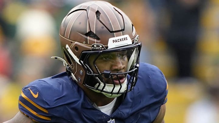 Nov 2, 2025; Green Bay, Wisconsin, USA;  Green Bay Packers defensive end Micah Parsons (1) during the game against the Carolina Panthers at Lambeau Field. 