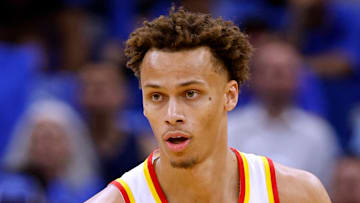 Dyson Daniels #5 of the Atlanta Hawks dribbles against the Orlando Magic during the Play-In Tournament.
