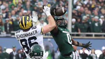 Michigan State Spartans cornerback Charles Brantley intercepts a pass to Michigan Wolverines tight end Luke Schoonmaker with one minute remaining to seal MSU's 37-33 win Saturday, Oct. 30, 2021 at Spartan Stadium in East Lansing.

Msu Mich