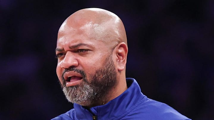 Dec 7, 2024; New York, New York, USA; Detroit Pistons head coach JB Bickerstaff reacts during the second half against the New York Knicks at Madison Square Garden. Mandatory Credit: Vincent Carchietta-Imagn Images
