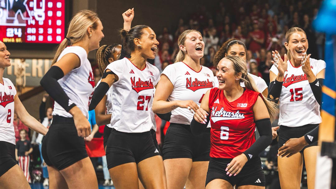 Members of the Huskers celebrate after winning a set point against Iowa State during an exhibition match in Sioux Falls, South Dakota. Nebraska will play its final spring game this Saturday in Chadron against Northern Colorado. 