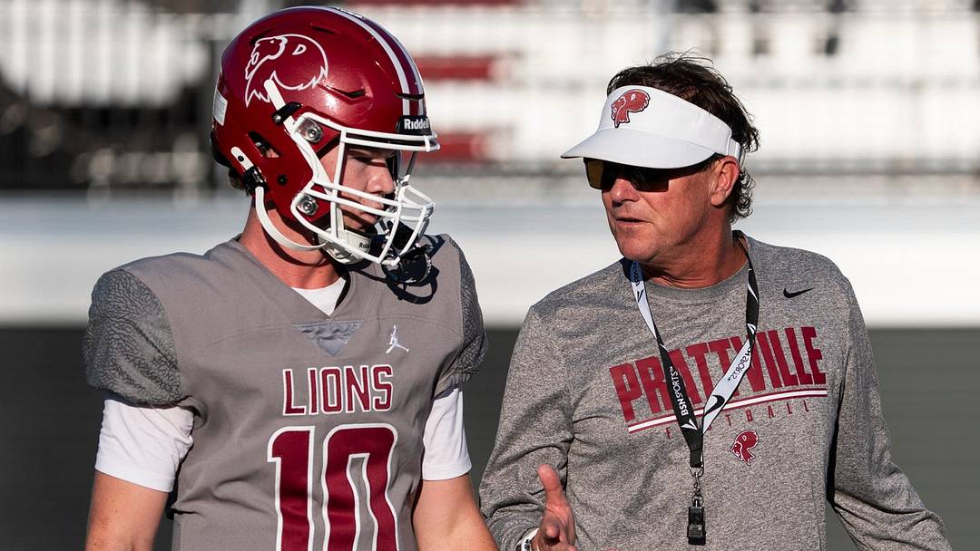 Prattville head coach Bobby Carr talks with Will McKay (10) during the Prattville High School football spring game at Stanley-Jensen Stadium in Prattville, Ala. on Thursday, May 14, 2026.
