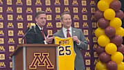Gophers AD Mark Coyle (left) with new men's basketball head coach Niko Medved (right)