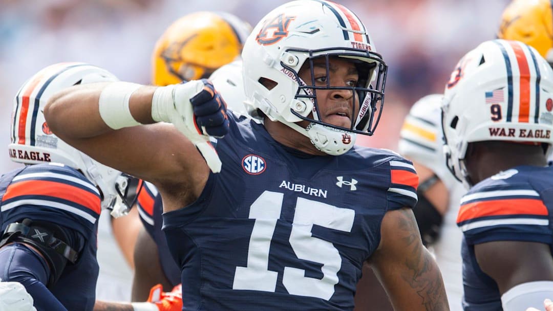 Auburn Tigers defensive lineman Keldric Faulk (15) celebrates a stop as Auburn Tigers take on California Golden Bears at Jordan-Hare Stadium in Auburn, Ala., on Saturday, Sept. 7, 2024.