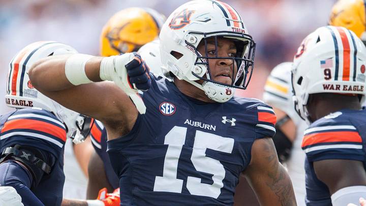 Auburn Tigers defensive lineman Keldric Faulk (15) celebrates a stop as Auburn Tigers take on California Golden Bears at Jordan-Hare Stadium in Auburn, Ala., on Saturday, Sept. 7, 2024.
