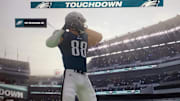 Philadelphia Eagles tight end Dallas Goedert celebrates a touchdown on EA Sports' Madden NFL video game. 