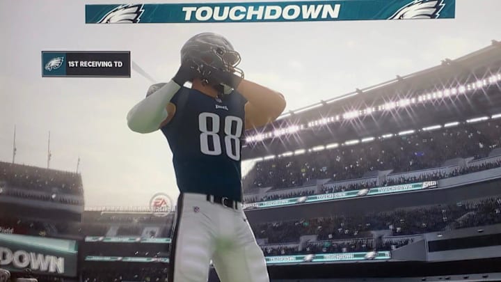 Philadelphia Eagles tight end Dallas Goedert celebrates a touchdown on EA Sports' Madden NFL video game. 