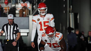 Nov 27, 2025; Arlington, Texas, USA; Kansas City Chiefs quarterback Patrick Mahomes (15) waits for the snap against the Dallas Cowboys during the second quarter at AT&T Stadium. Mandatory Credit: Kevin Jairaj-Imagn Images