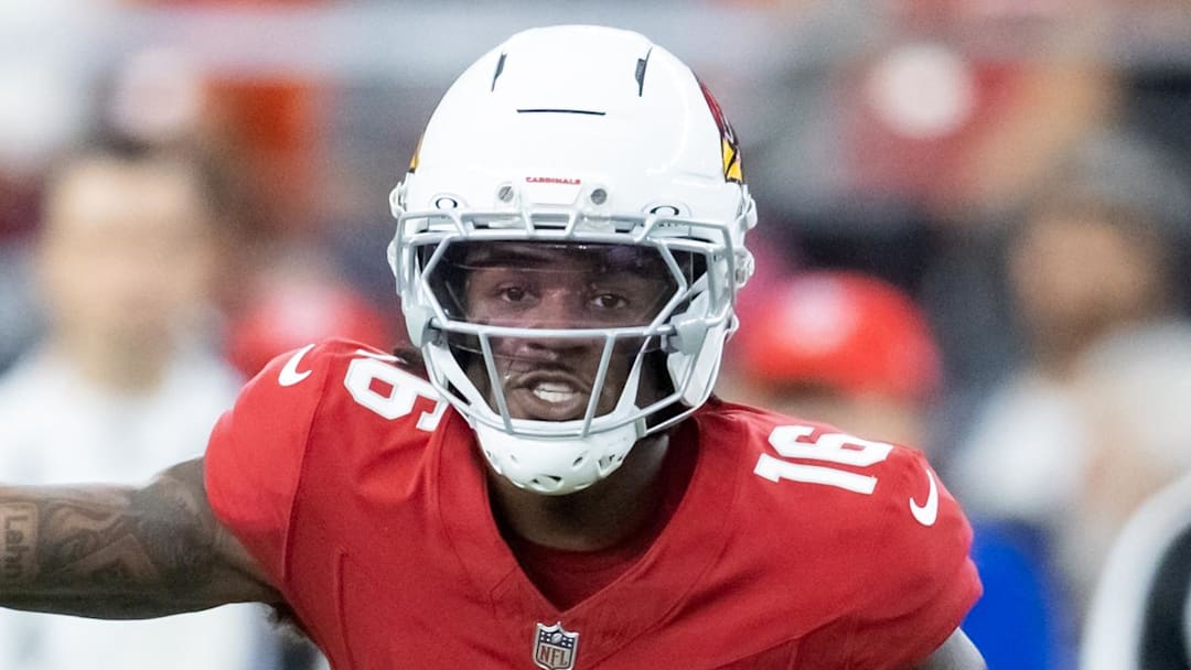 Aug 9, 2025; Glendale, Arizona, USA; Arizona Cardinals cornerback Max Melton (16) against the Kansas City Chiefs during a preseason NFL game at State Farm Stadium. Mandatory Credit: Mark J. Rebilas-Imagn Images