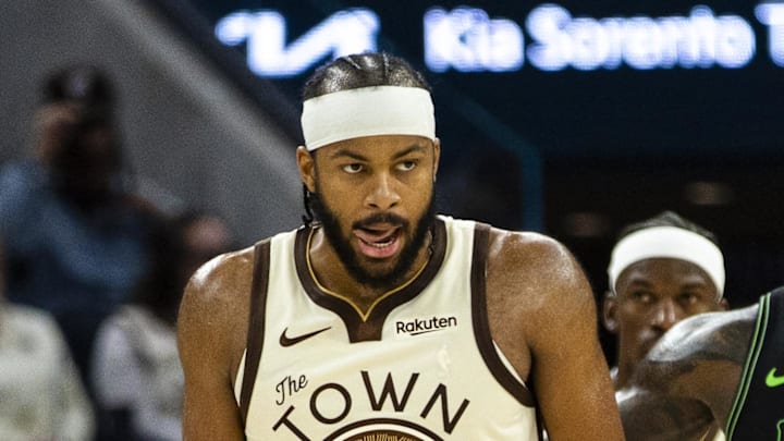 Nov 29, 2025; San Francisco, California, USA; Golden State Warriors guard Moses Moody (4) reacts during the second quarter against the New Orleans Pelicans at Chase Center. Mandatory Credit: John Hefti-Imagn Images