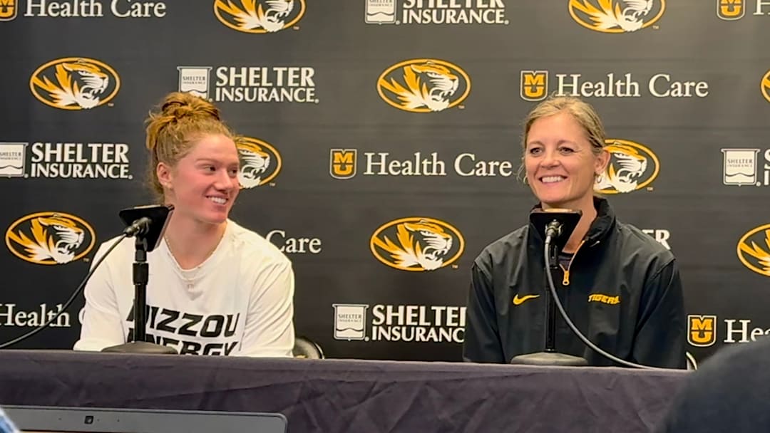 Apr 28, 2025; Columbia, Missouri, USA; Missouri Tigers women's basketball coach Kellie Harper (right) and junior guard Grace Slaughter (left) smile during a media availability at Mizzou Arena.