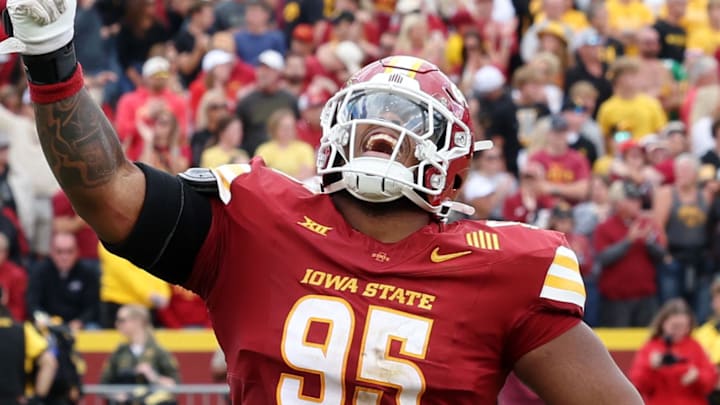 Sep 6, 2025; Ames, Iowa, USA; Iowa State Cyclones defensive lineman Domonique Orange (95) celebrates after a play against the Iowa Hawkeyes during the second half at Jack Trice Stadium. 