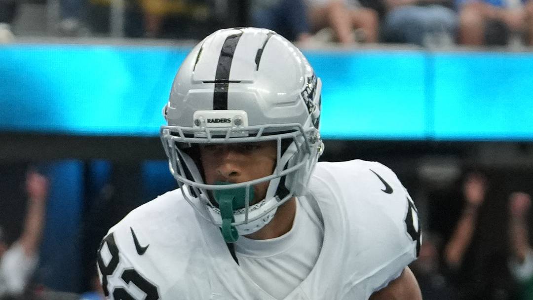 Sep 20, 2026; Inglewood, California, USA;  Las Vegas Raiders wide receiver Cody White (82) celebrates after scoring a touchdown against the Los Angeles Chargers during the second half at SoFi Stadium.  Mandatory Credit: Kirby Lee-Imagn Images