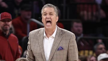 Arkansas Razorbacks coach John Calipari yells out instructions in the second half against the Michigan Wolverines at Madison Square Garden.