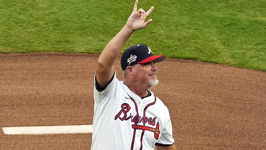 Jul 15, 2025; Cumberland, Georgia, USA; Atlanta Braves former player Chipper Jones throws out the ceremonial first pitch before the 2025 MLB All Star Game at Truist Park. Mandatory Credit: Dale Zanine-Imagn Images Jul 15, 2025; Cumberland, Georgia, USA; Atlanta Braves former player Chipper Jones throws out the ceremonial first pitch before the 2025 MLB All Star Game at Truist Park. Mandatory Credit: Dale Zanine-Imagn Images