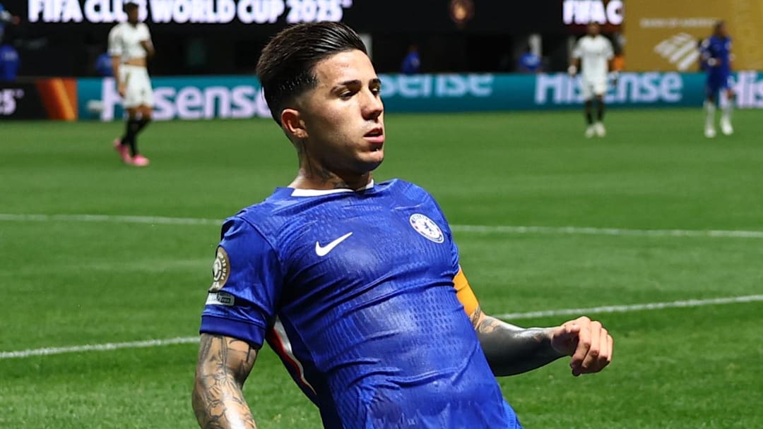 Jun 16, 2025; Atlanta, Georgia, USA; Chelsea FC midfielder Enzo Fernandez (8) celebrates after scoring the second goal of the game during the second half during a group stage match of the 2025 FIFA Club World Cup at Mercedes-Benz Stadium. Credit: Kai Pfaffenbach-Reuters via Imagn Images