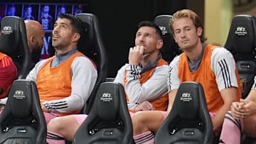 Sep 18, 2024; Atlanta, Georgia, USA; Inter Miami CF forward Lionel Messi (10) looks on from the bench before the match against Atlanta United at Mercedes-Benz Stadium. Mandatory Credit: Dale Zanine-Imagn Images