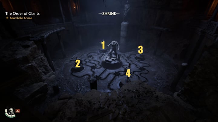 A room with one big statue in the middle with four smaller ones around it. They are labelled with numbers.