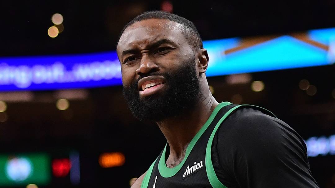 Feb 6, 2026; Boston, Massachusetts, USA; Boston Celtics guard Jaylen Brown (7) reacts towards the official after a play during the second half against the Miami Heat at TD Garden. Mandatory Credit: Bob DeChiara-Imagn Images