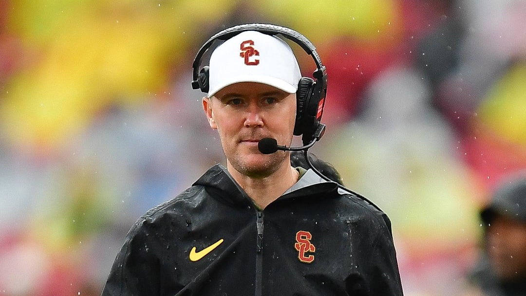 Nov 15, 2025; Los Angeles, California, USA; Southern California Trojans head coach Lincoln Riley watches game action against the Iowa Hawkeyes during the first half at the Los Angeles Memorial Coliseum. Mandatory Credit: Gary A. Vasquez-Imagn Images