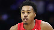 Toronto Raptors forward Scottie Barnes dribbles up the floor against the Philadelphia 76ers.