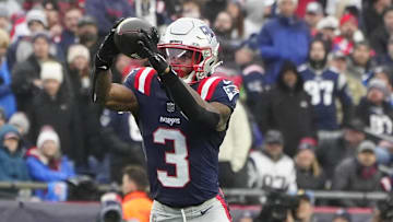 Dec 28, 2024; Foxborough, Massachusetts, USA; New England Patriots wide receiver DeMario Douglas (3) makes a catch against the Los Angeles Chargers during the second half at Gillette Stadium. Mandatory Credit: Gregory Fisher-Imagn Images