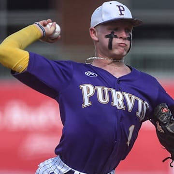 Purvis' Jojo Parker (1) winds the ball during the MHSAA class 6A baseball championships against West Lauderdale  at Trustmark Park in Pearl, Miss., Friday, June 2, 2023.