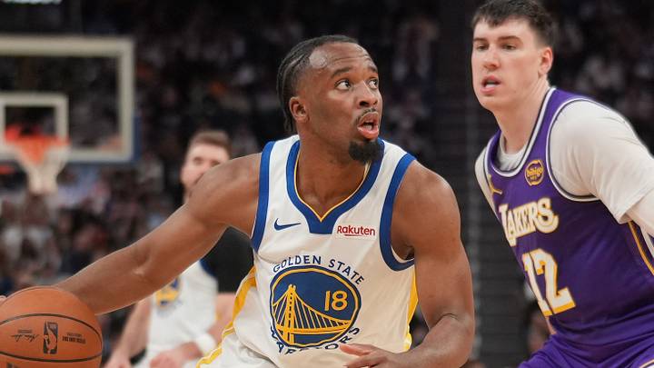 Apr 9, 2026; San Francisco, California, USA; Golden State Warriors guard LJ Cryer (18) drives to the basket against Los Angeles Lakers forward Jake LaRavia (12) in the fourth quarter at the Chase Center. Mandatory Credit: Cary Edmondson-Imagn Images
