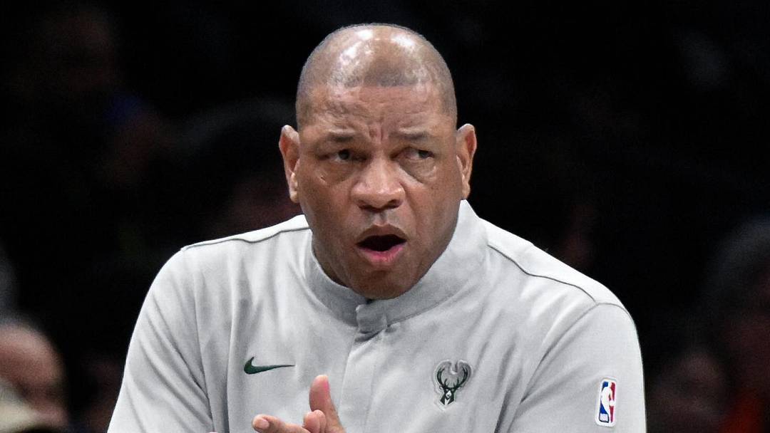 Milwaukee Bucks head coach Doc Rivers reacts during the first half against the Brooklyn Nets at Barclays Center on April 7, 2026. Milwaukee Bucks head coach Doc Rivers reacts during the first half against the Brooklyn Nets at Barclays Center on April 7, 2026.
